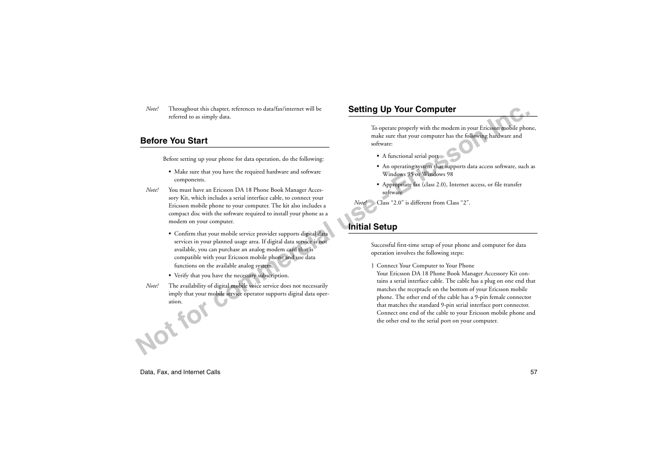 Before you start, Setting up your computer, Initial setup | No t f or co m m er cia l u se - e ric ss on in c | Ericsson T19LX User Manual | Page 61 / 84