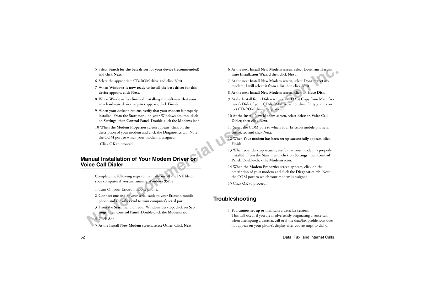 Troubleshooting, No t f or co m m er cia l u se - e ric ss on in c | Ericsson T19LX User Manual | Page 66 / 84