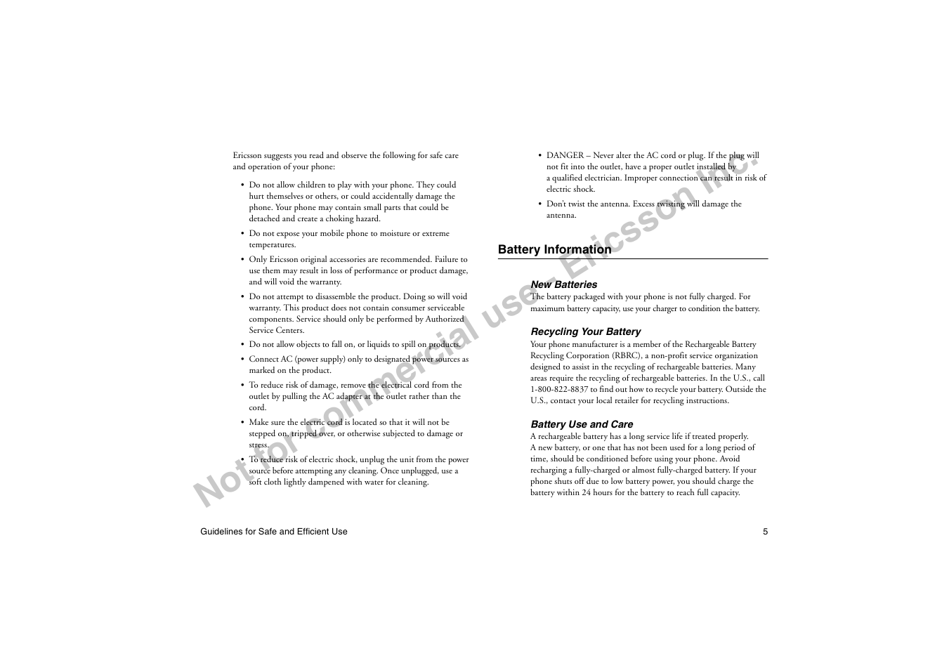 Battery information, No t f or co m m er cia l u se - e ric ss on in c | Ericsson T19LX User Manual | Page 9 / 84