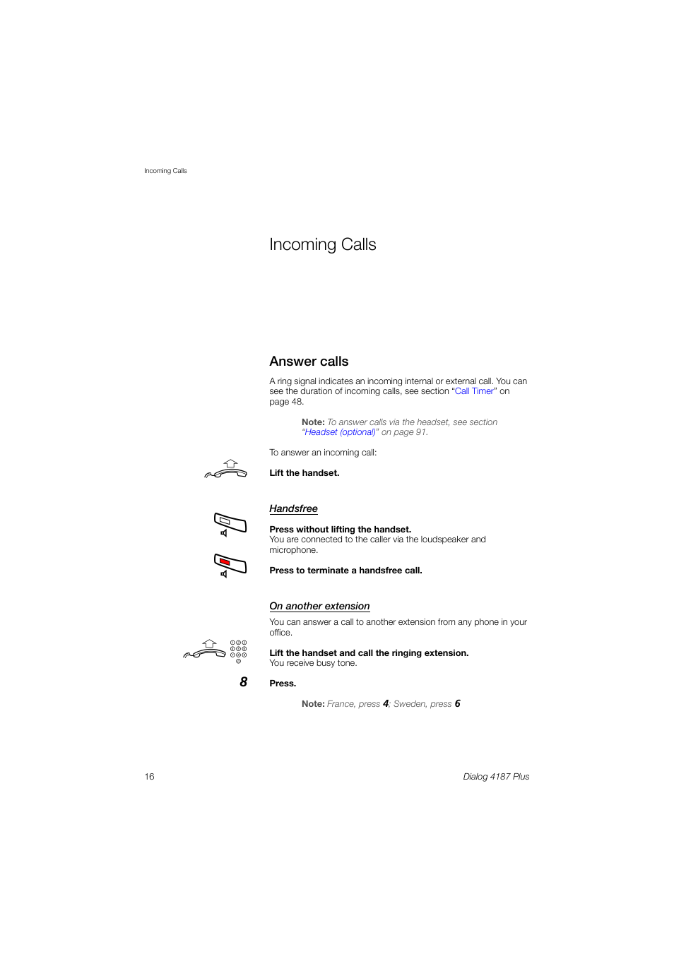 Incoming calls, Answer calls | Ericsson 4187 Plus User Manual | Page 16 / 102