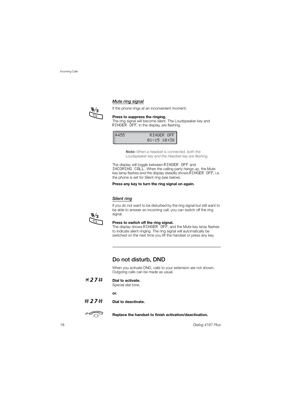 Do not disturb, dnd, Ions, Silent ring | Mute ring signal | Ericsson 4187 Plus User Manual | Page 18 / 102