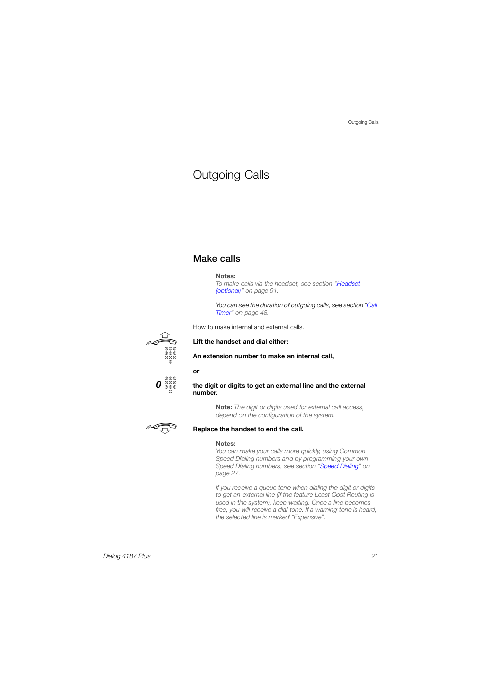 Outgoing calls, Make calls | Ericsson 4187 Plus User Manual | Page 21 / 102