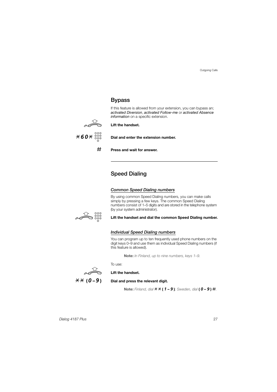 Bypass, Speed dialing, 60* z | Ericsson 4187 Plus User Manual | Page 27 / 102