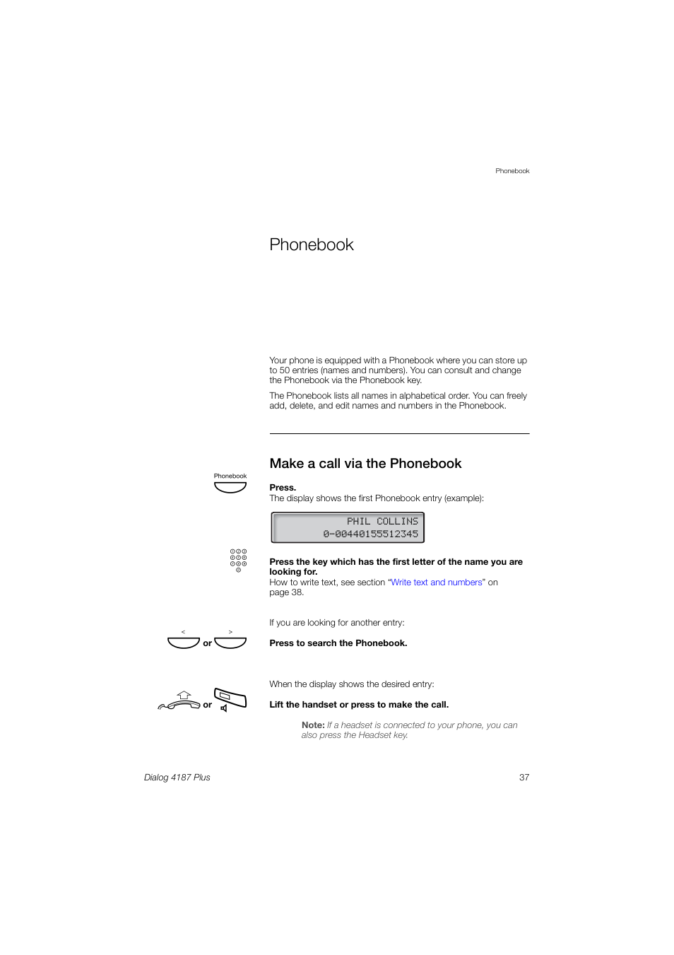 Phonebook, Make a call via the phonebook | Ericsson 4187 Plus User Manual | Page 37 / 102