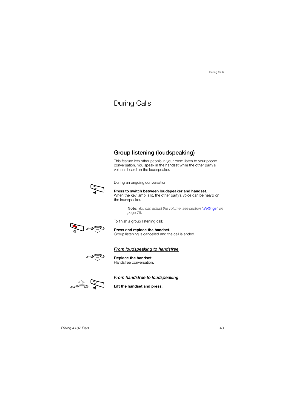 During calls, Group listening (loudspeaking), Дв d | Ericsson 4187 Plus User Manual | Page 43 / 102