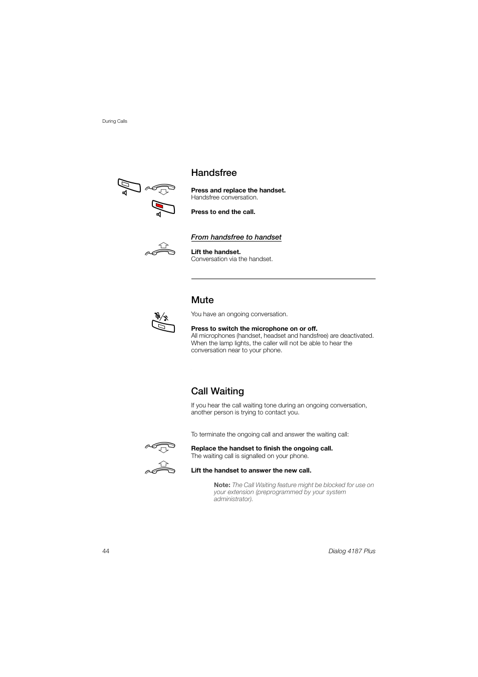 Handsfree, Mute, Call waiting | Ericsson 4187 Plus User Manual | Page 44 / 102