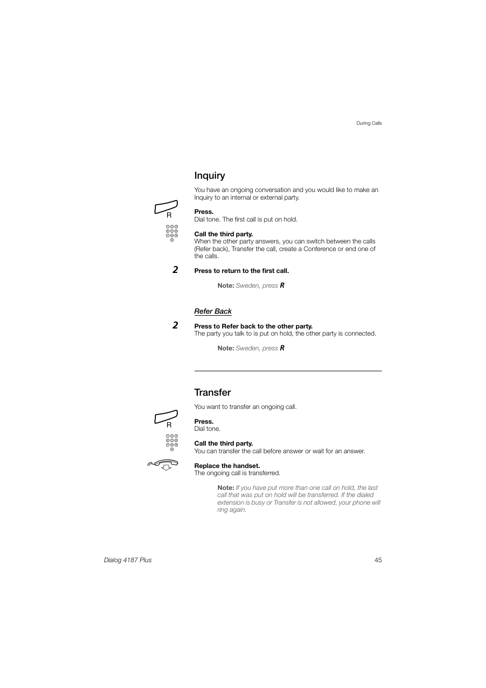 Inquiry, Transfer | Ericsson 4187 Plus User Manual | Page 45 / 102