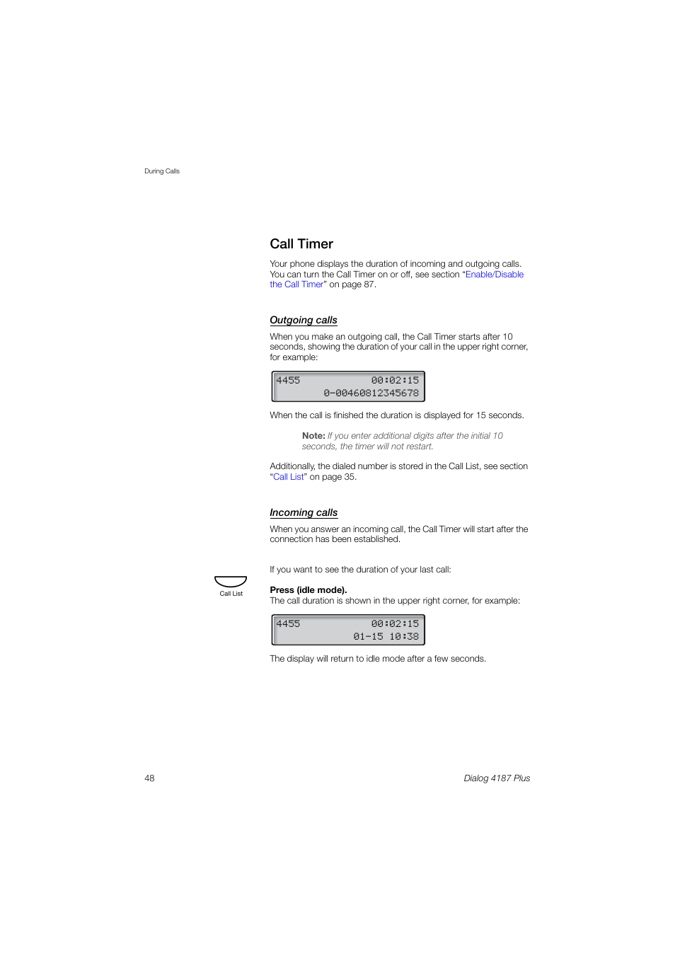 Call timer, Call, Timer | Ction, Lls, see section | Ericsson 4187 Plus User Manual | Page 48 / 102