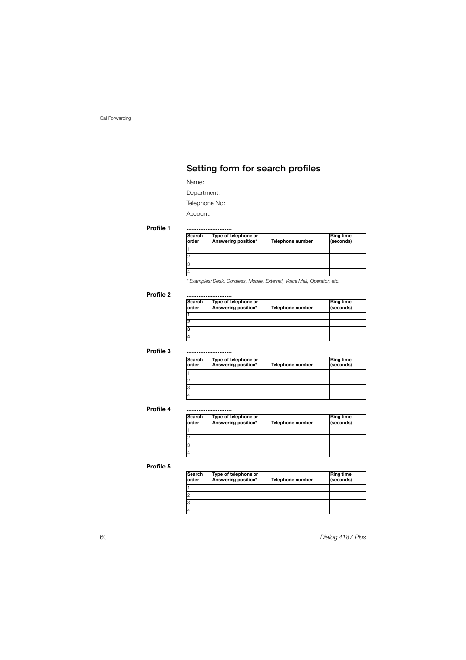 Setting form for search profiles | Ericsson 4187 Plus User Manual | Page 60 / 102
