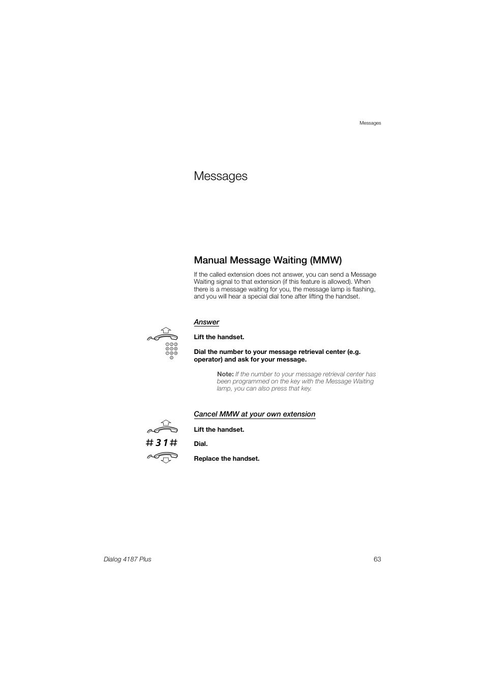 Messages, Manual message waiting (mmw) | Ericsson 4187 Plus User Manual | Page 63 / 102