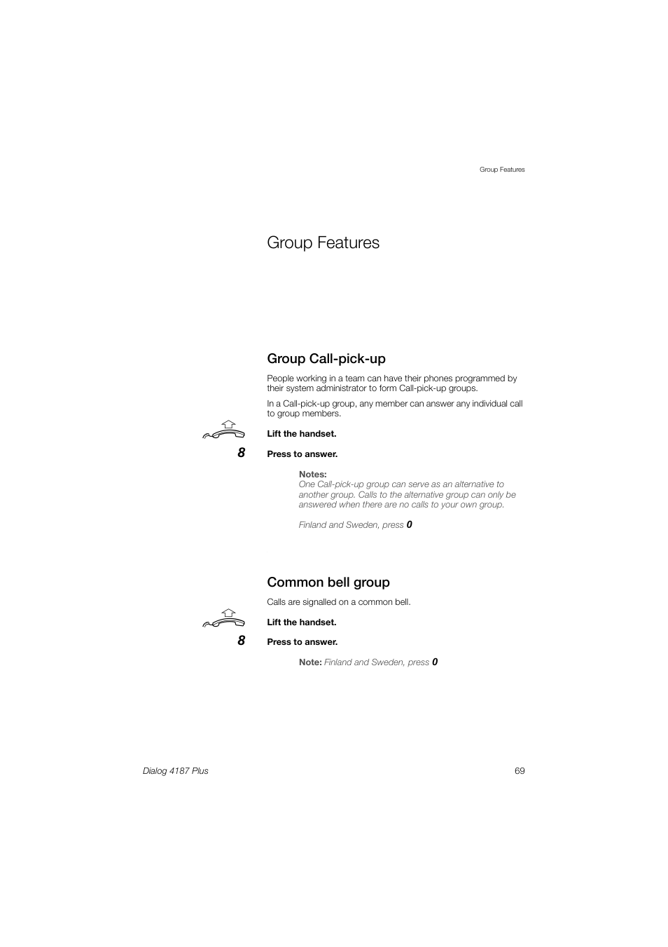 Group features, Group call-pick-up, Common bell group | Ericsson 4187 Plus User Manual | Page 69 / 102