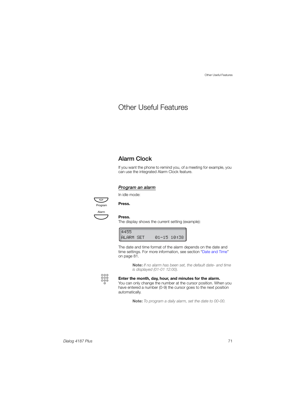 Other useful features, Alarm clock | Ericsson 4187 Plus User Manual | Page 71 / 102