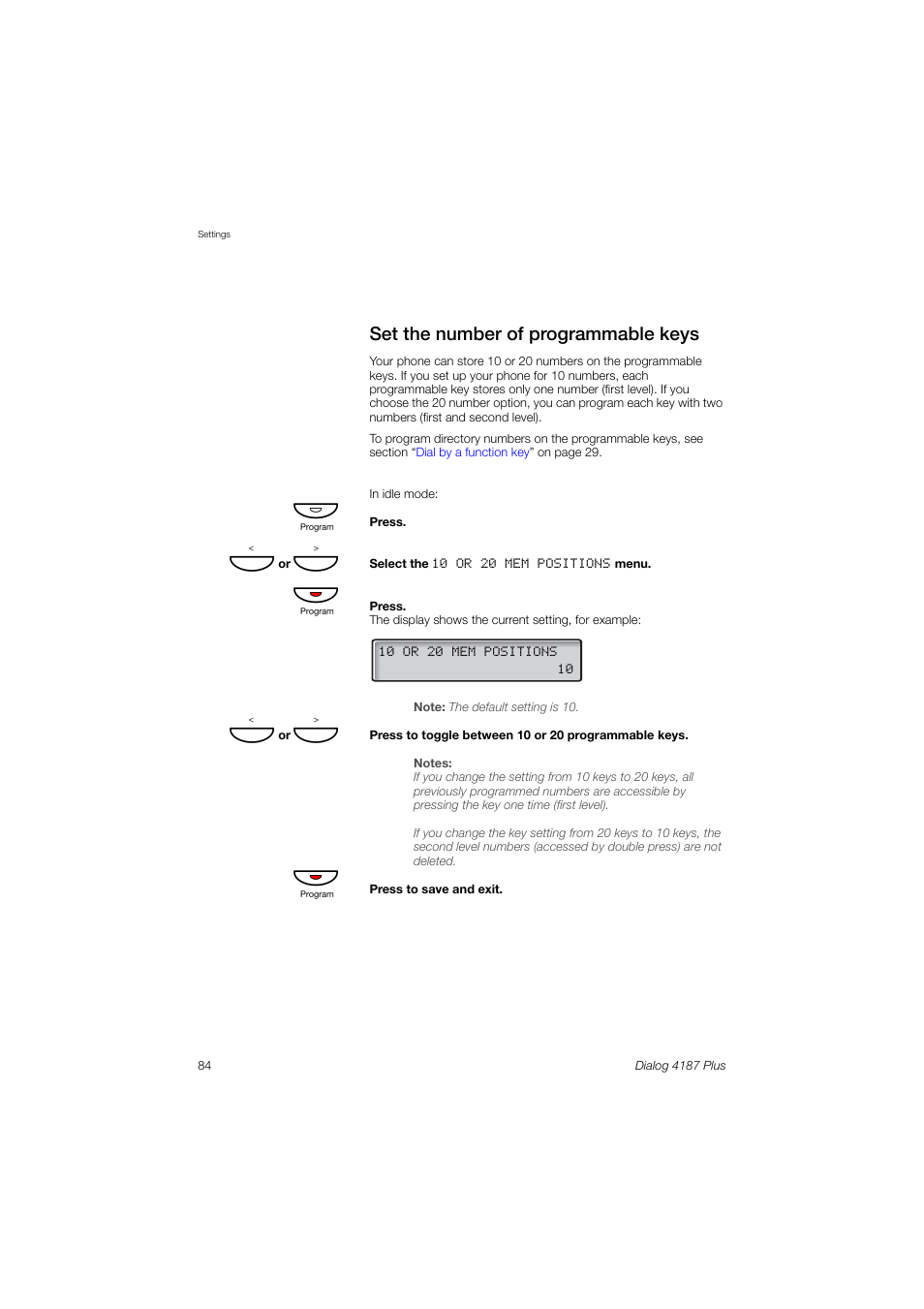 Set the number of programmable keys, Set the number of programmable, Keys | Set the, Number of programmable keys | Ericsson 4187 Plus User Manual | Page 84 / 102