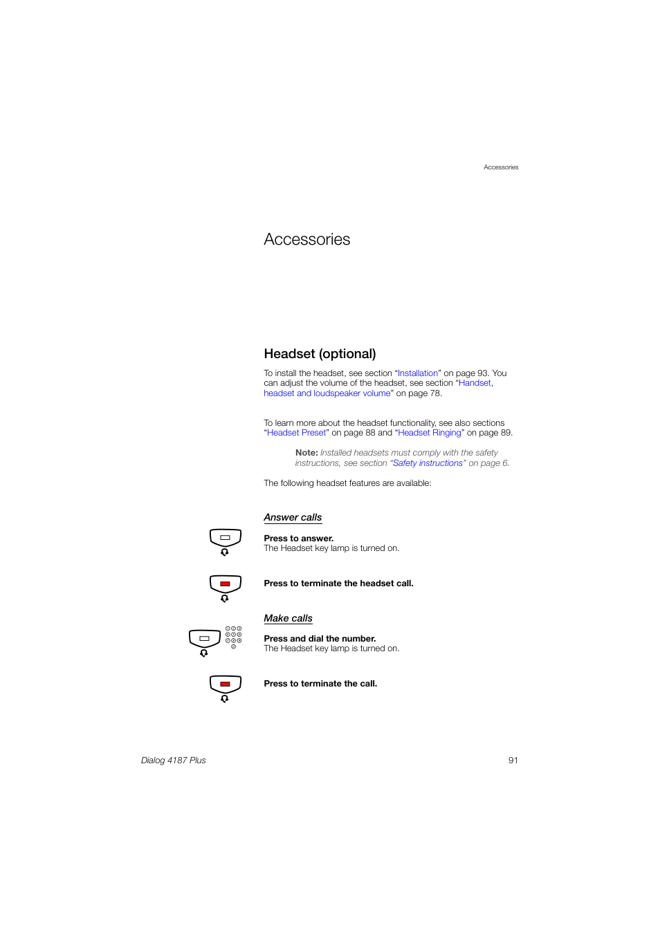 Accessories, Headset (optional), Section | Headset, Optional) | Ericsson 4187 Plus User Manual | Page 91 / 102