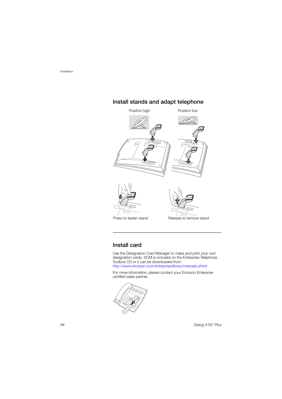 Install stands and adapt telephone, Install card, Install stands and adapt telephone install card | Ericsson 4187 Plus User Manual | Page 94 / 102