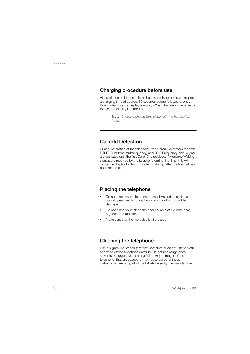 Charging procedure before use, Callerid detection, Placing the telephone | Cleaning the telephone | Ericsson 4187 Plus User Manual | Page 96 / 102