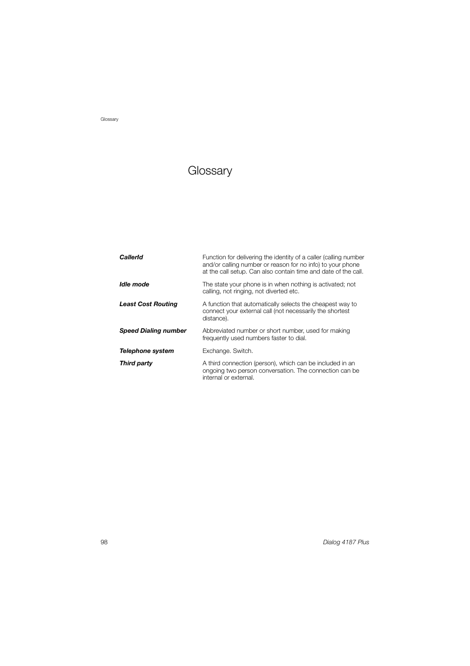 Glossary | Ericsson 4187 Plus User Manual | Page 98 / 102