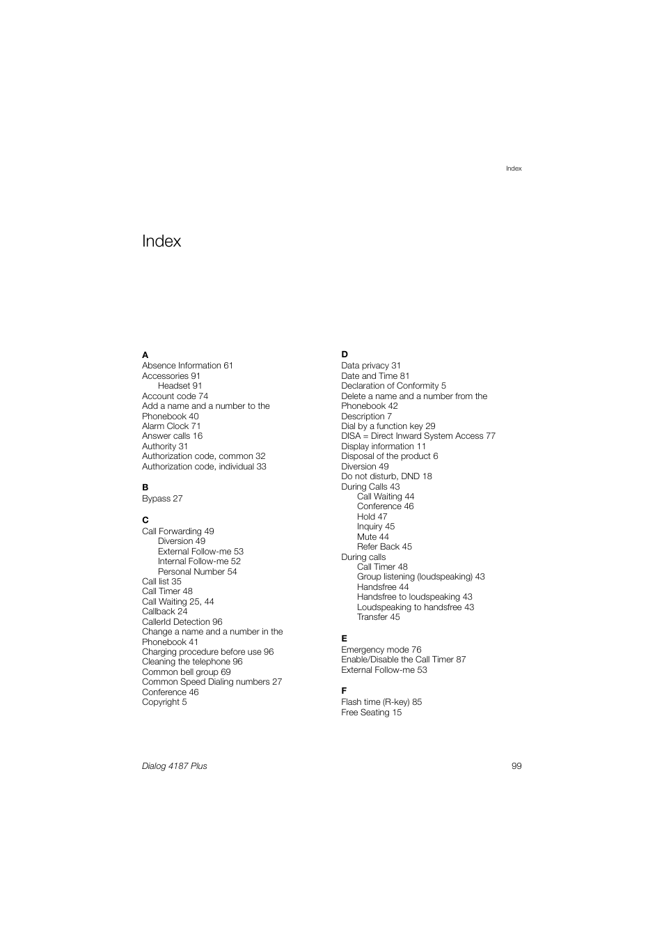 Index | Ericsson 4187 Plus User Manual | Page 99 / 102