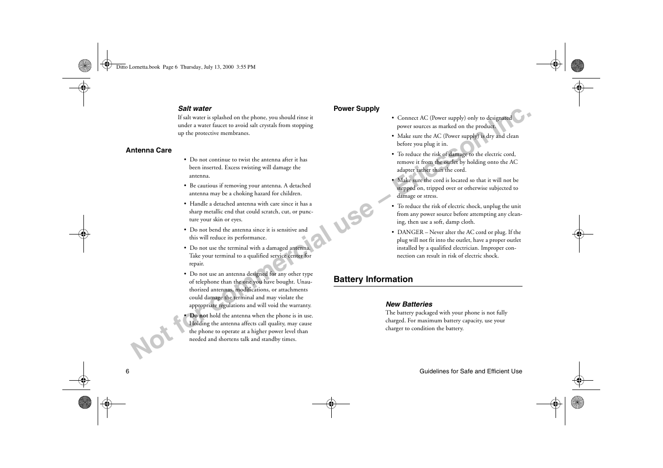 Battery information, Not for commercial use – ericsson inc | Ericsson R250d PRO User Manual | Page 11 / 75