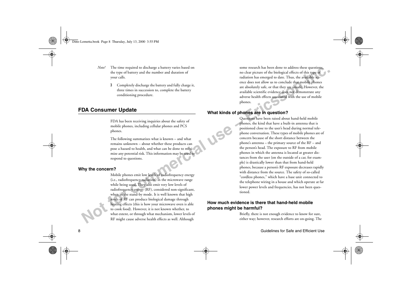 Fda consumer update, Not for commercial use – ericsson inc | Ericsson R250d PRO User Manual | Page 13 / 75