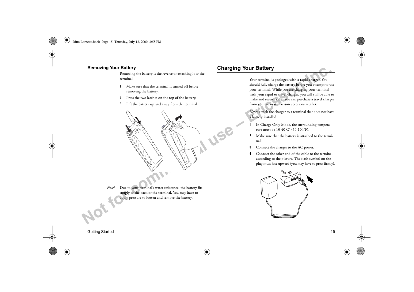 Charging your battery, Not for commercial use – ericsson inc | Ericsson R250d PRO User Manual | Page 20 / 75