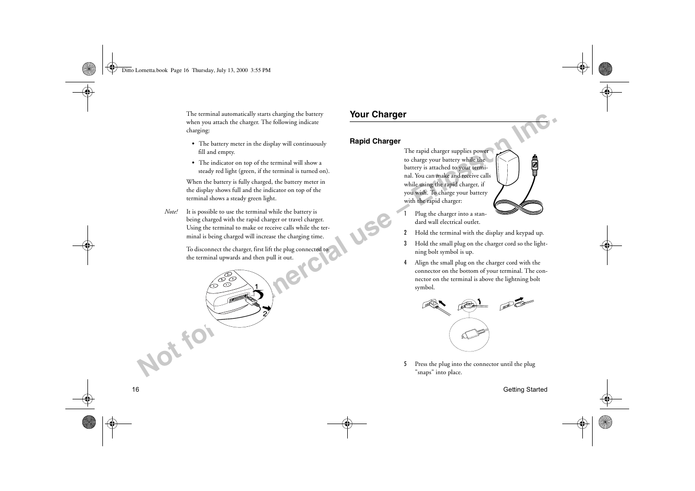 Your charger, Not for commercial use – ericsson inc | Ericsson R250d PRO User Manual | Page 21 / 75