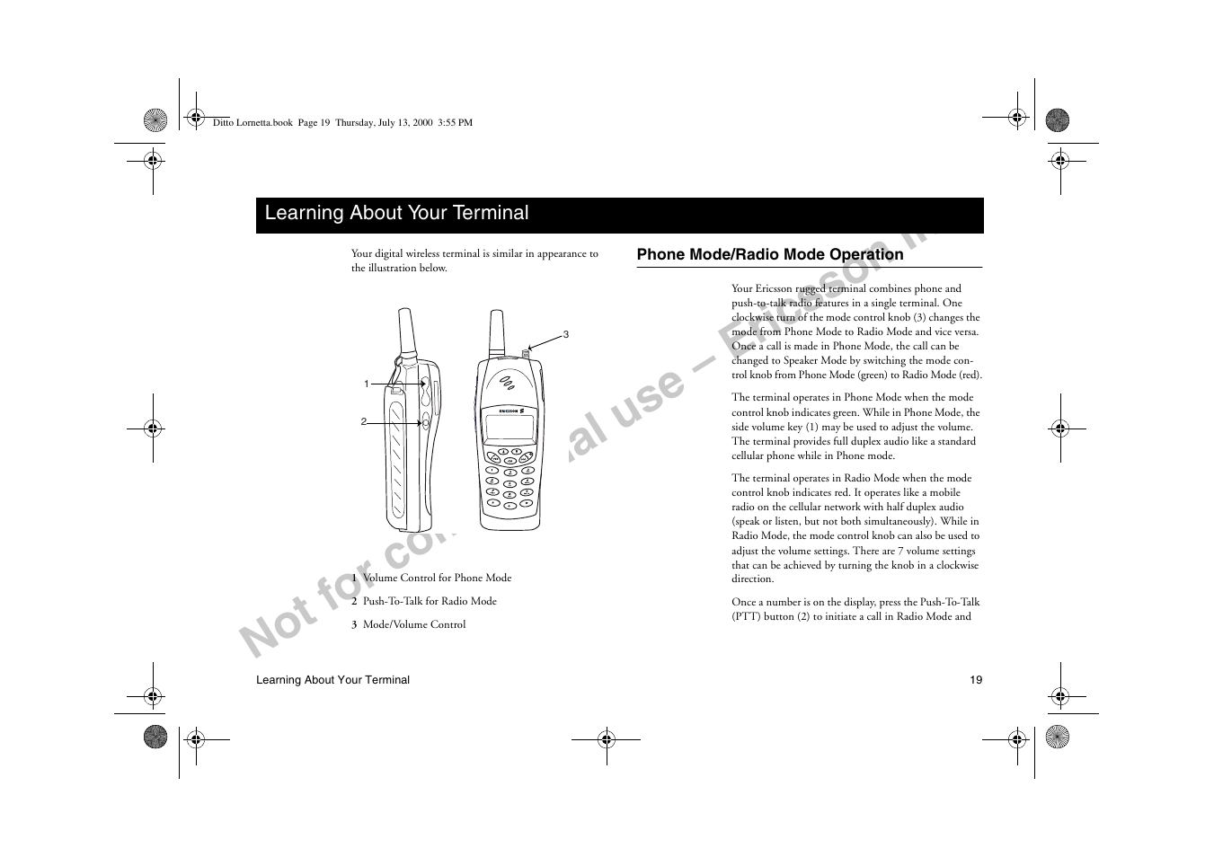 Learning about your terminal, Phone mode/radio mode operation, Hduqlqj $erxw <rxu 7huplqdo | Not for commercial use – ericsson inc | Ericsson R250d PRO User Manual | Page 24 / 75