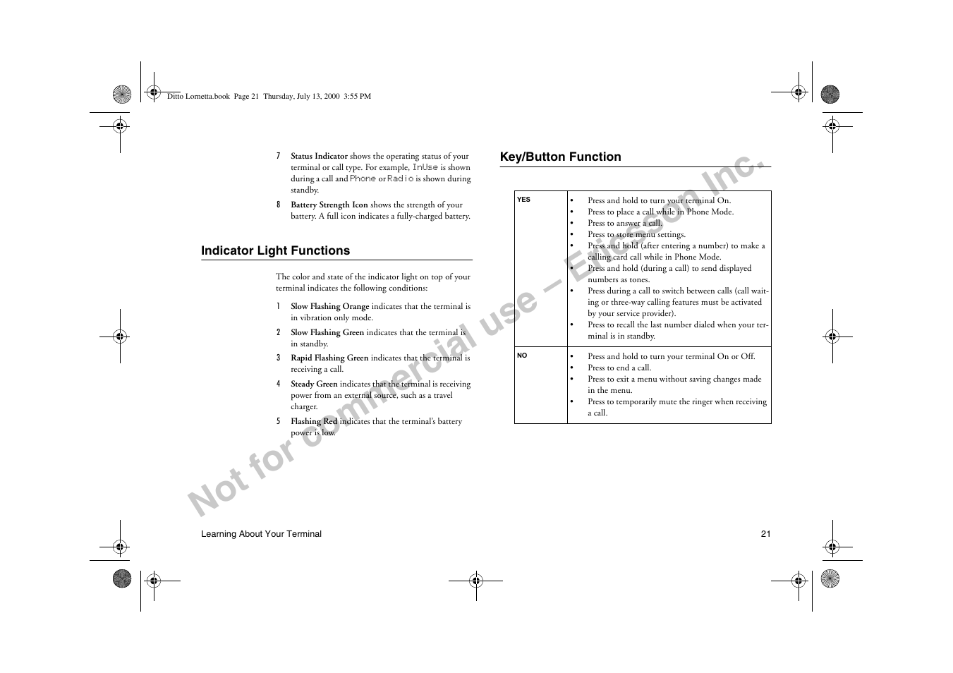 Indicator light functions, Key/button function, Indicator light functions key/button function | Not for commercial use – ericsson inc | Ericsson R250d PRO User Manual | Page 26 / 75