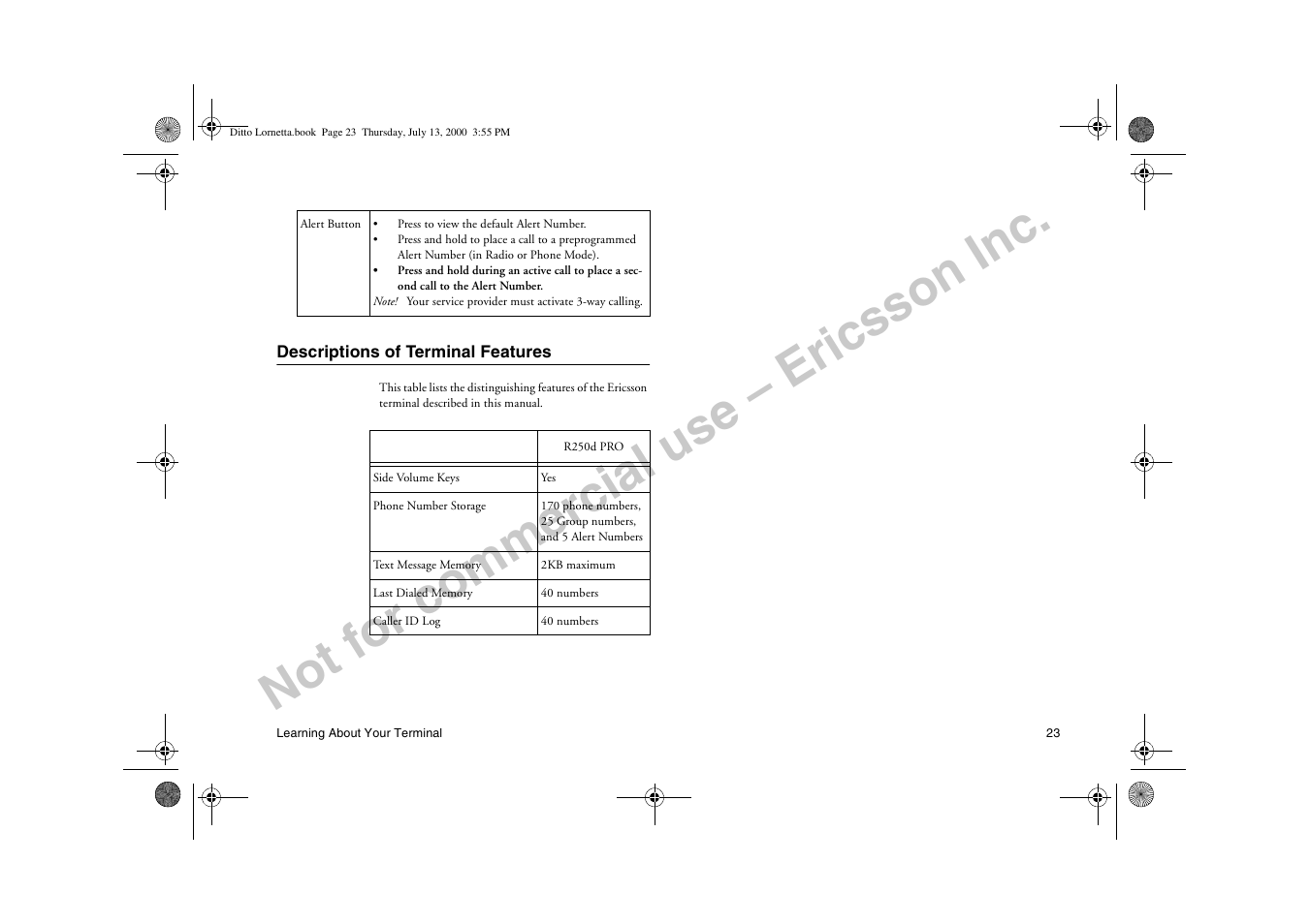 Descriptions of terminal features, Not for commercial use – ericsson inc | Ericsson R250d PRO User Manual | Page 28 / 75