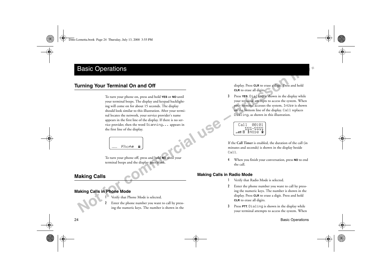 Basic operations, Turning your terminal on and off, Making calls | Not for commercial use, Dvlf 2shudwlrqv, Turning your terminal on and off making calls, Not for commercial use – ericsson inc | Ericsson R250d PRO User Manual | Page 29 / 75