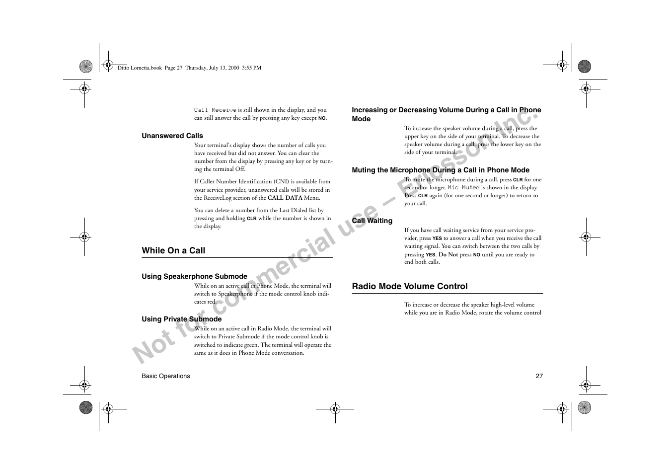 While on a call, Radio mode volume control, While on a call radio mode volume control | Not for commercial use – ericsson inc | Ericsson R250d PRO User Manual | Page 32 / 75