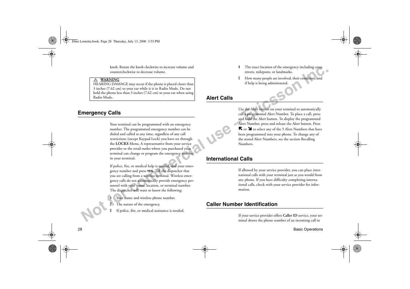 Emergency calls, Alert calls, International calls | Caller number identification, Ericsson inc, Not for commercial use – ericsson inc | Ericsson R250d PRO User Manual | Page 33 / 75