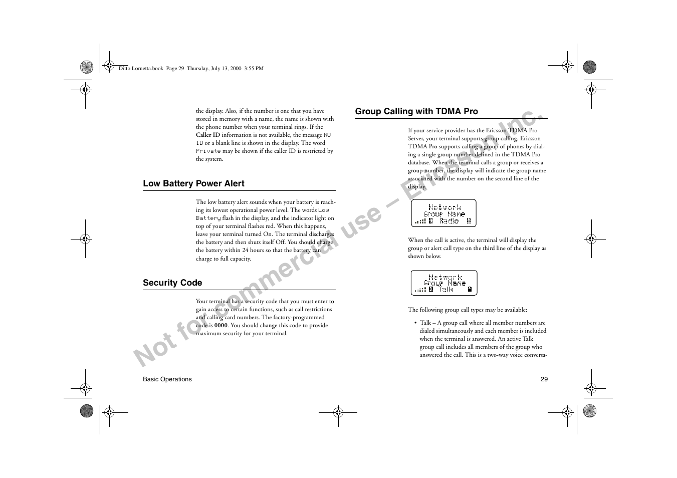 Low battery power alert, Security code, Group calling with tdma pro | Not for commercial use – ericsson inc | Ericsson R250d PRO User Manual | Page 34 / 75