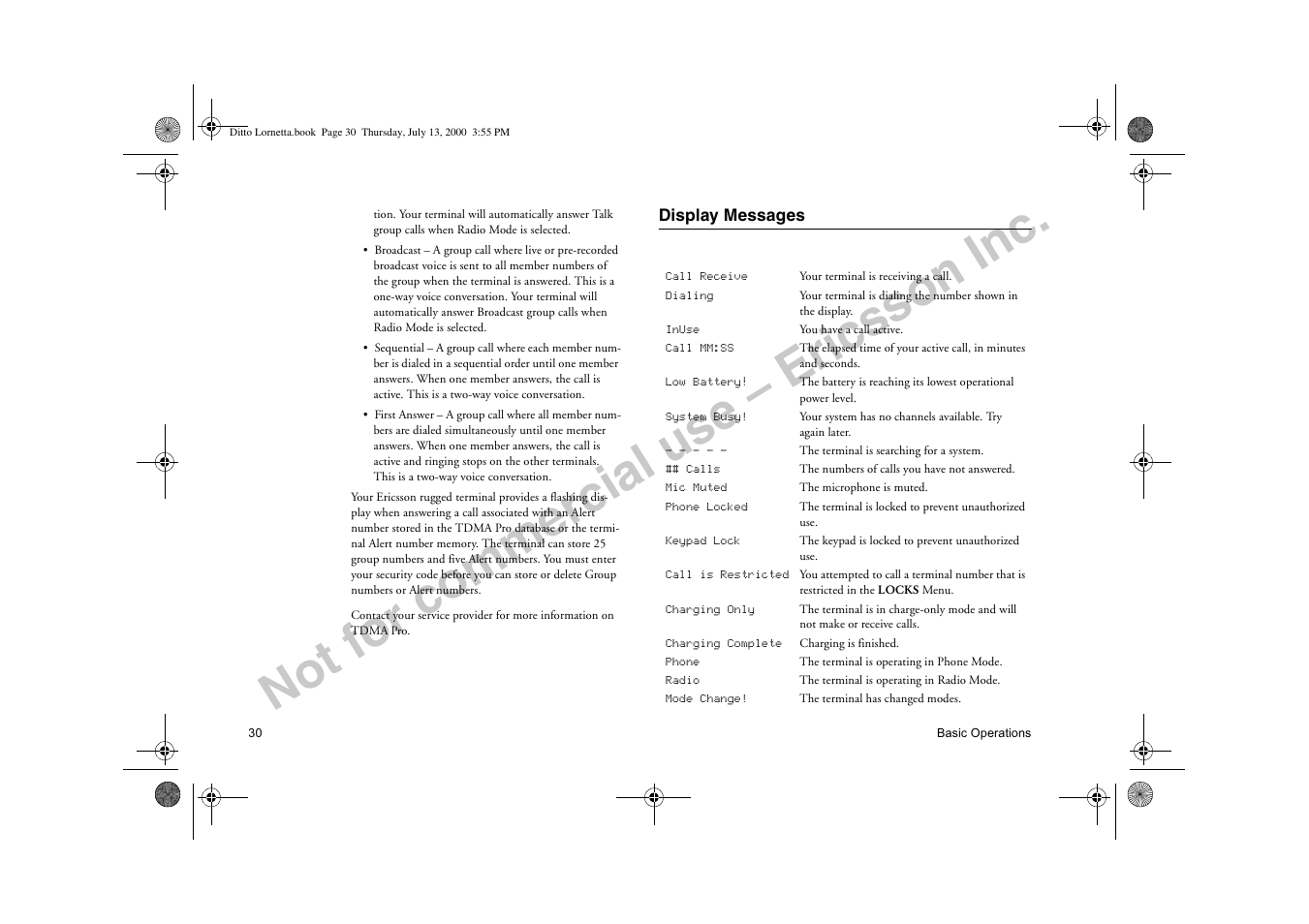 Display messages, Not for commercial use – ericsson inc | Ericsson R250d PRO User Manual | Page 35 / 75
