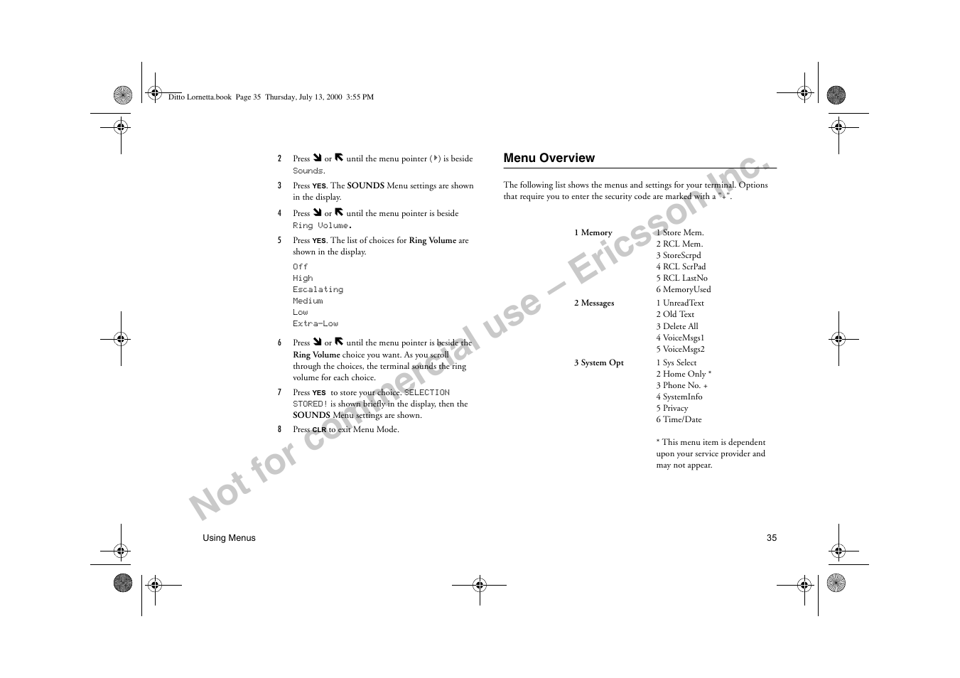 Menu overview, Not for commercial use – ericsson inc | Ericsson R250d PRO User Manual | Page 40 / 75