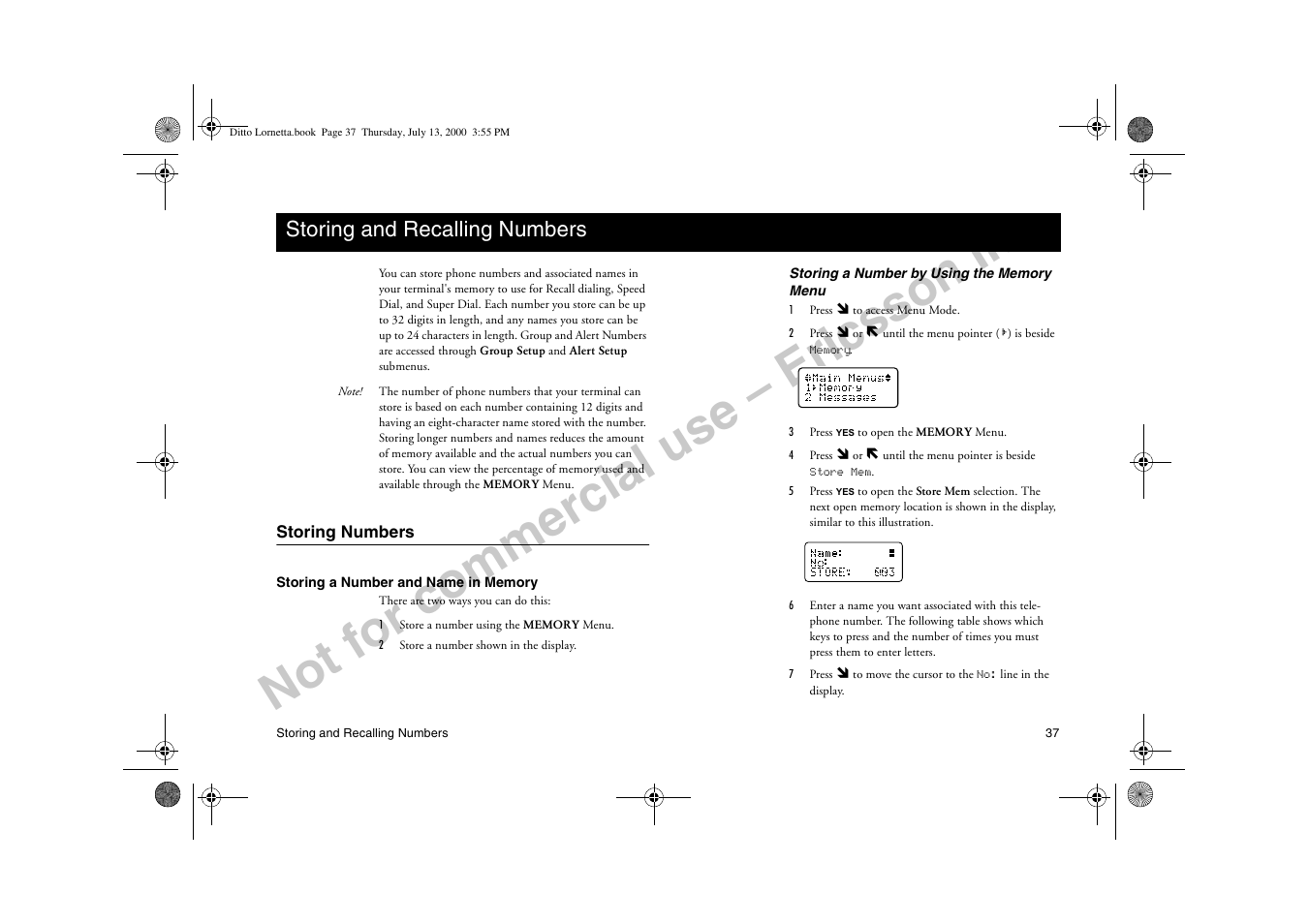 Storing and recalling numbers, Storing numbers, 6wrulqj dqg 5hfdoolqj 1xpehuv | Not for commercial use, Not for commercial use – ericsson inc | Ericsson R250d PRO User Manual | Page 42 / 75