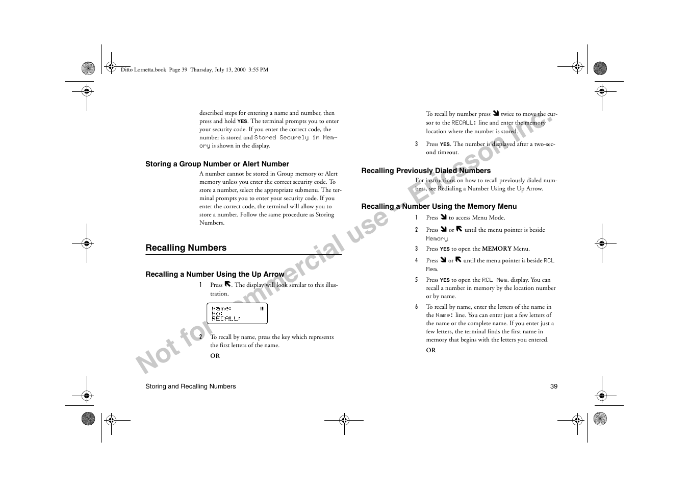 Recalling numbers, Not for commercial use – ericsson inc | Ericsson R250d PRO User Manual | Page 44 / 75