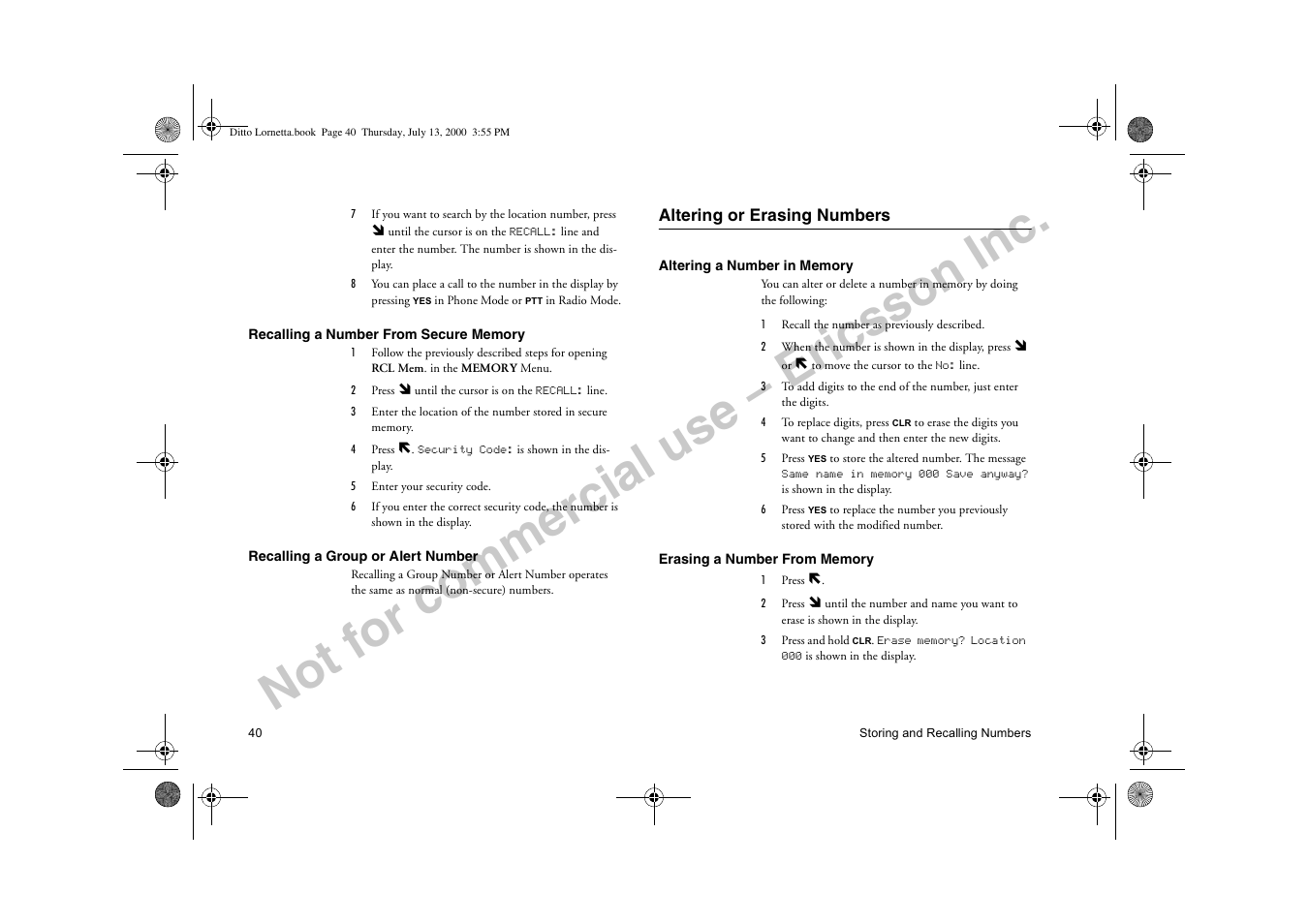 Altering or erasing numbers, Not for commercial use – ericsson inc | Ericsson R250d PRO User Manual | Page 45 / 75