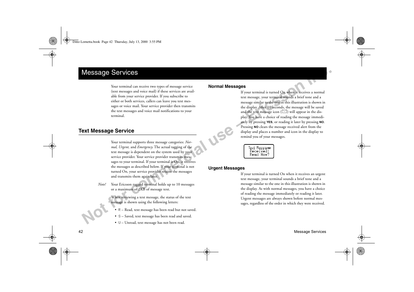Message services, Text message service, 0hvvdjh 6huylfhv | Not for commercial use – ericsson inc | Ericsson R250d PRO User Manual | Page 47 / 75
