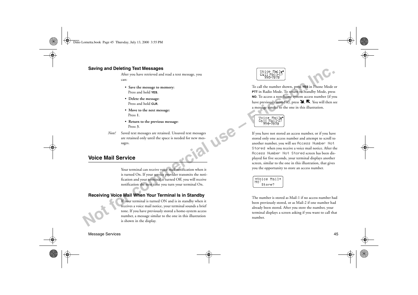 Voice mail service, Not for commercial use – ericsson inc | Ericsson R250d PRO User Manual | Page 50 / 75