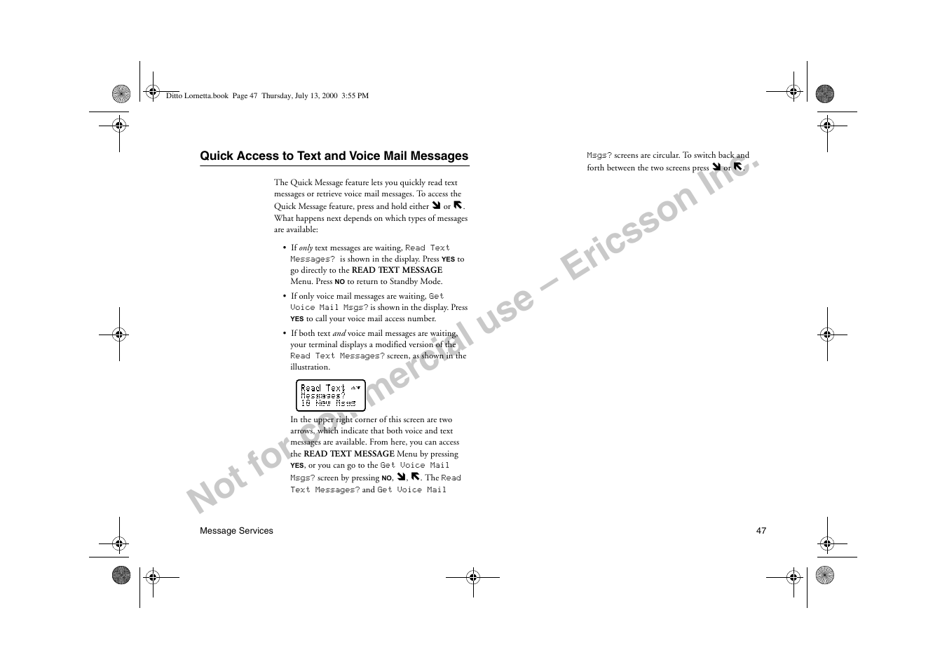 Quick access to text and voice mail messages, Not for commercial use – ericsson inc | Ericsson R250d PRO User Manual | Page 52 / 75