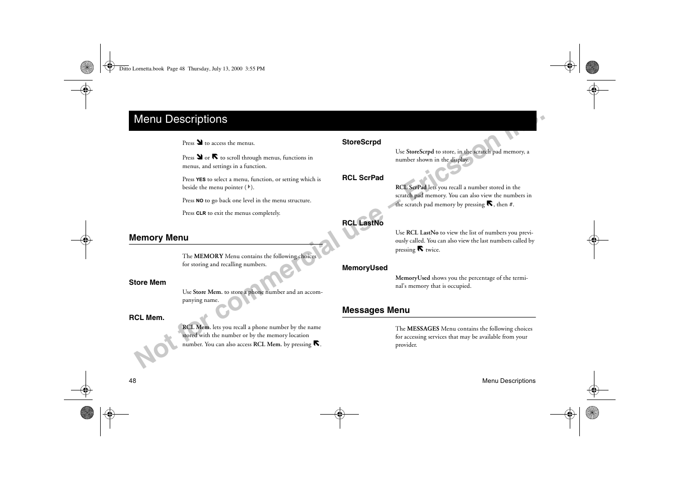 Menu descriptions, Memory menu, Messages menu | 0hqx 'hvfulswlrqv, Memory menu messages menu, Not for commercial use – ericsson inc | Ericsson R250d PRO User Manual | Page 53 / 75