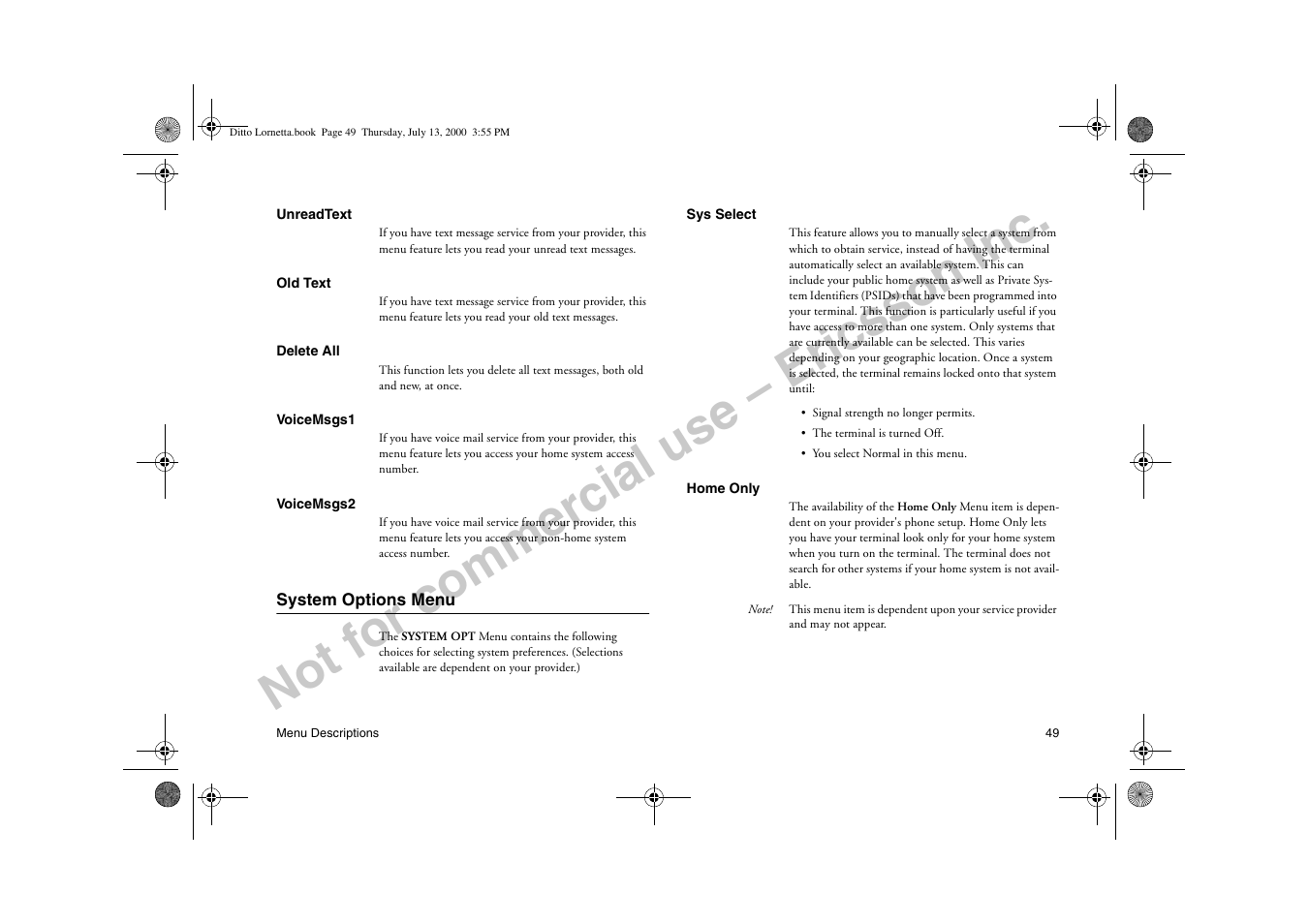 System options menu, Not for commercial use – ericsson inc | Ericsson R250d PRO User Manual | Page 54 / 75