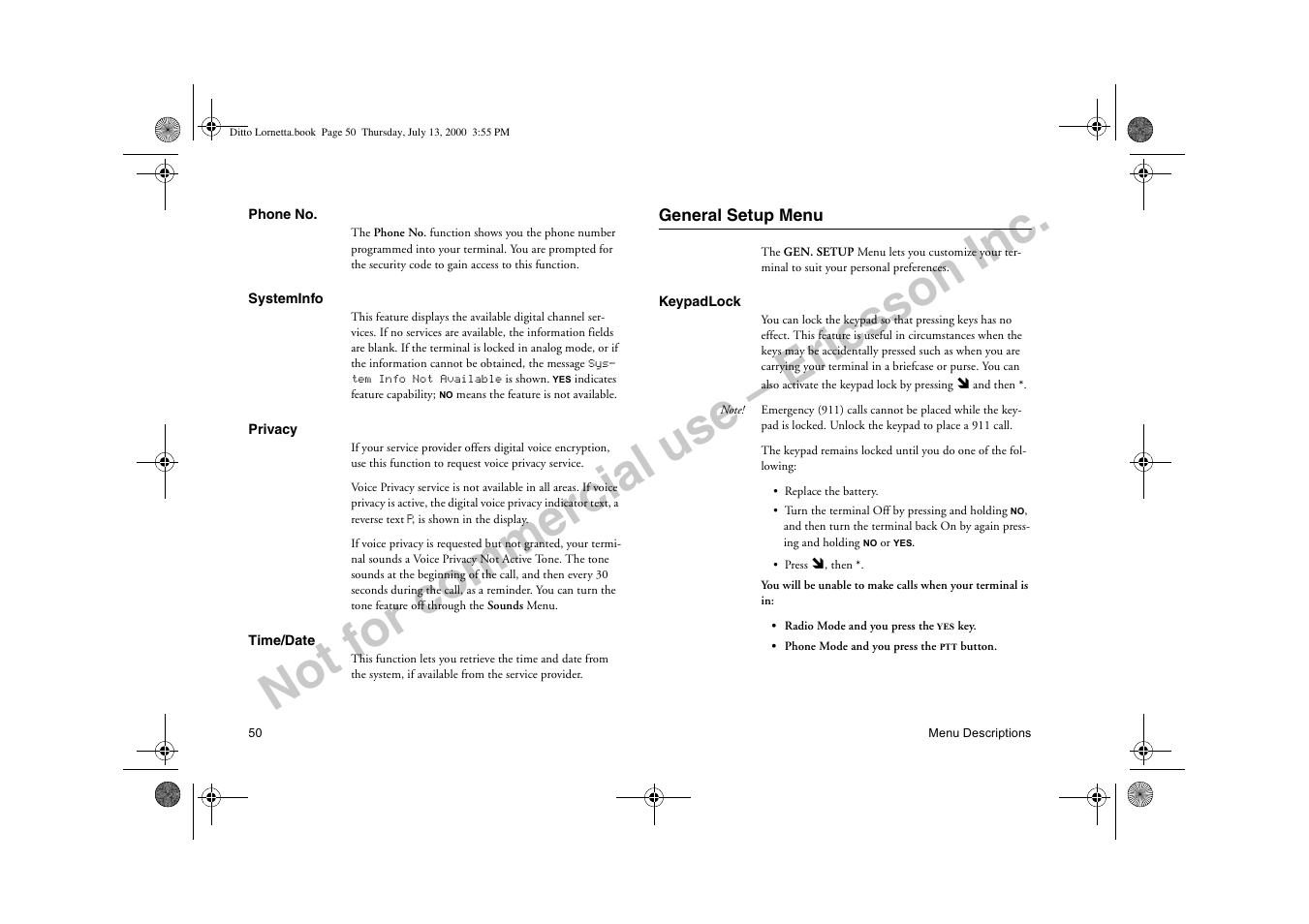 General setup menu, Not for commercial use – ericsson inc | Ericsson R250d PRO User Manual | Page 55 / 75