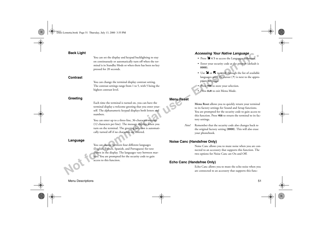 Not for commercial use – ericsson inc | Ericsson R250d PRO User Manual | Page 56 / 75