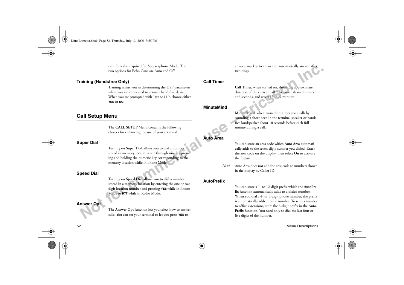 Call setup menu, Not for commercial use – ericsson inc | Ericsson R250d PRO User Manual | Page 57 / 75