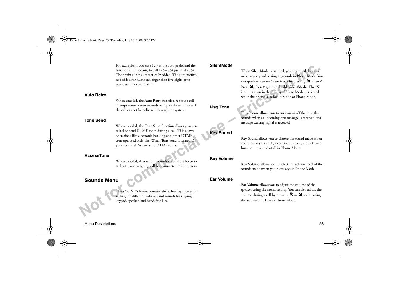 Sounds menu, Not for commercial use – ericsson inc | Ericsson R250d PRO User Manual | Page 58 / 75