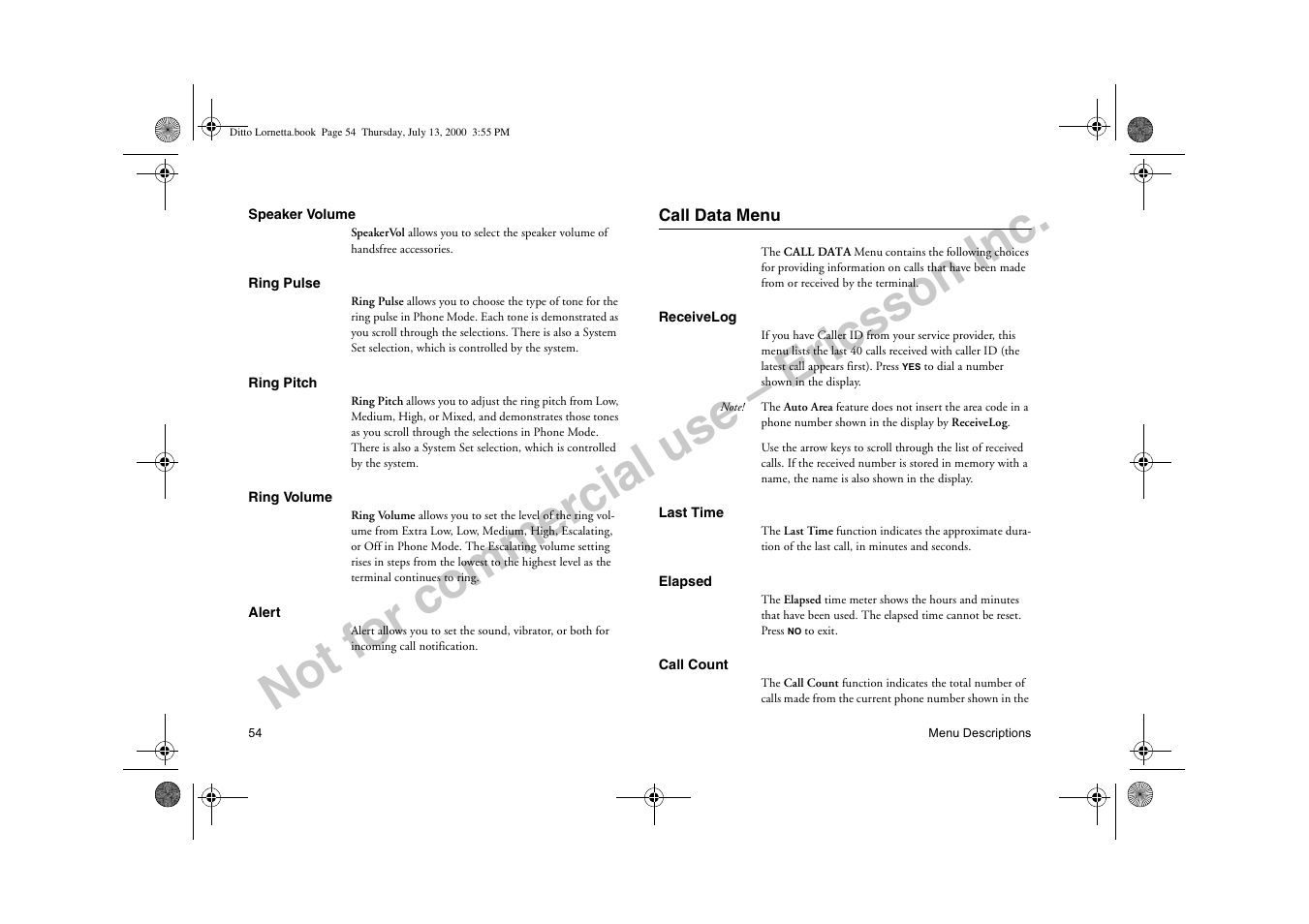 Call data menu, Not for commercial use – ericsson inc | Ericsson R250d PRO User Manual | Page 59 / 75