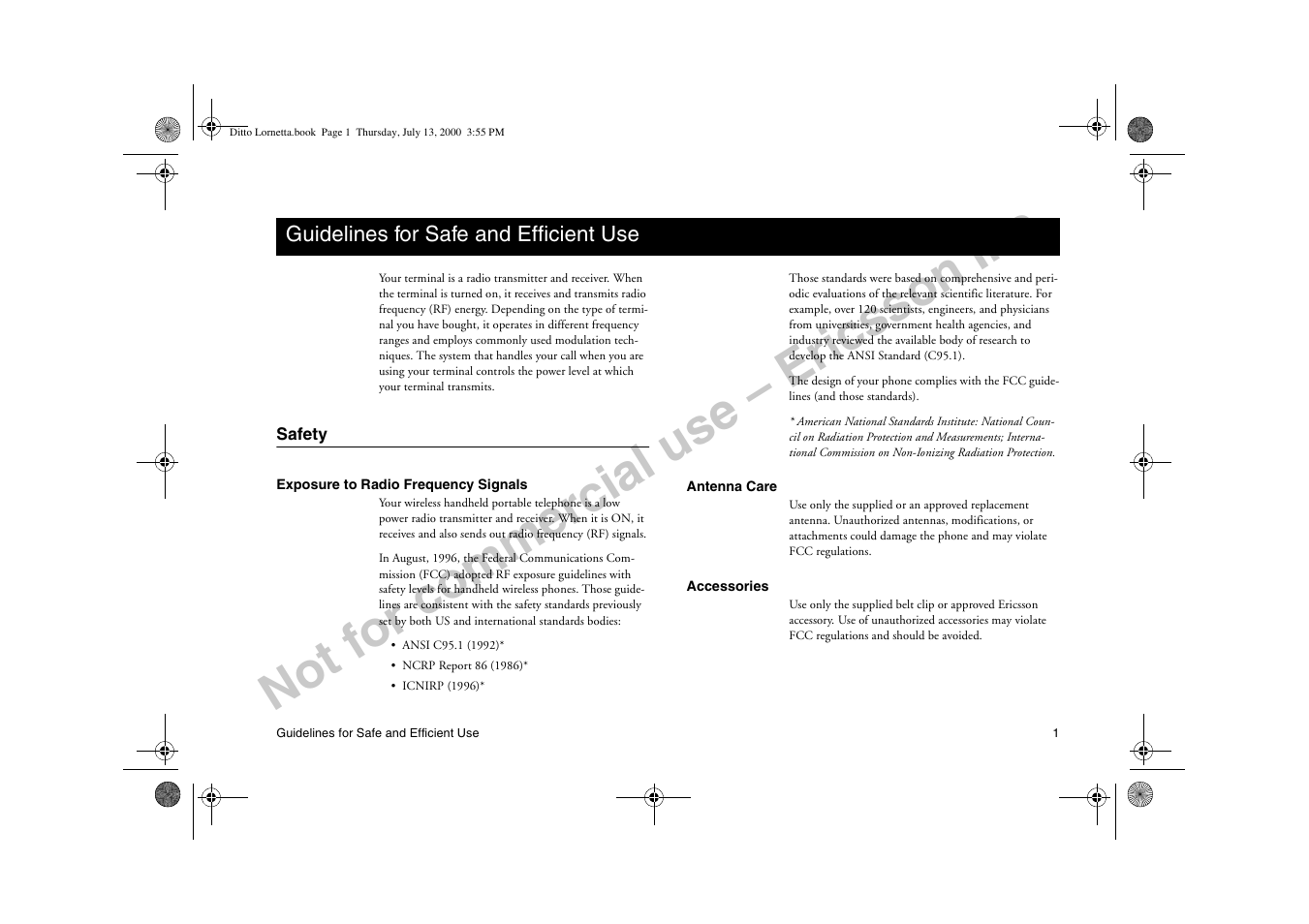 Guidelines for safe and efficient use, Safety, Xlgholqhv iru 6dih dqg (iilflhqw 8vh | Not for commercial use – ericsson inc | Ericsson R250d PRO User Manual | Page 6 / 75