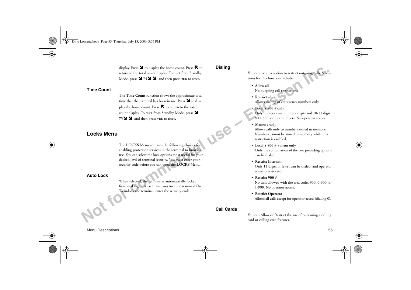 Locks menu, Not for commercial use – ericsson inc | Ericsson R250d PRO User Manual | Page 60 / 75